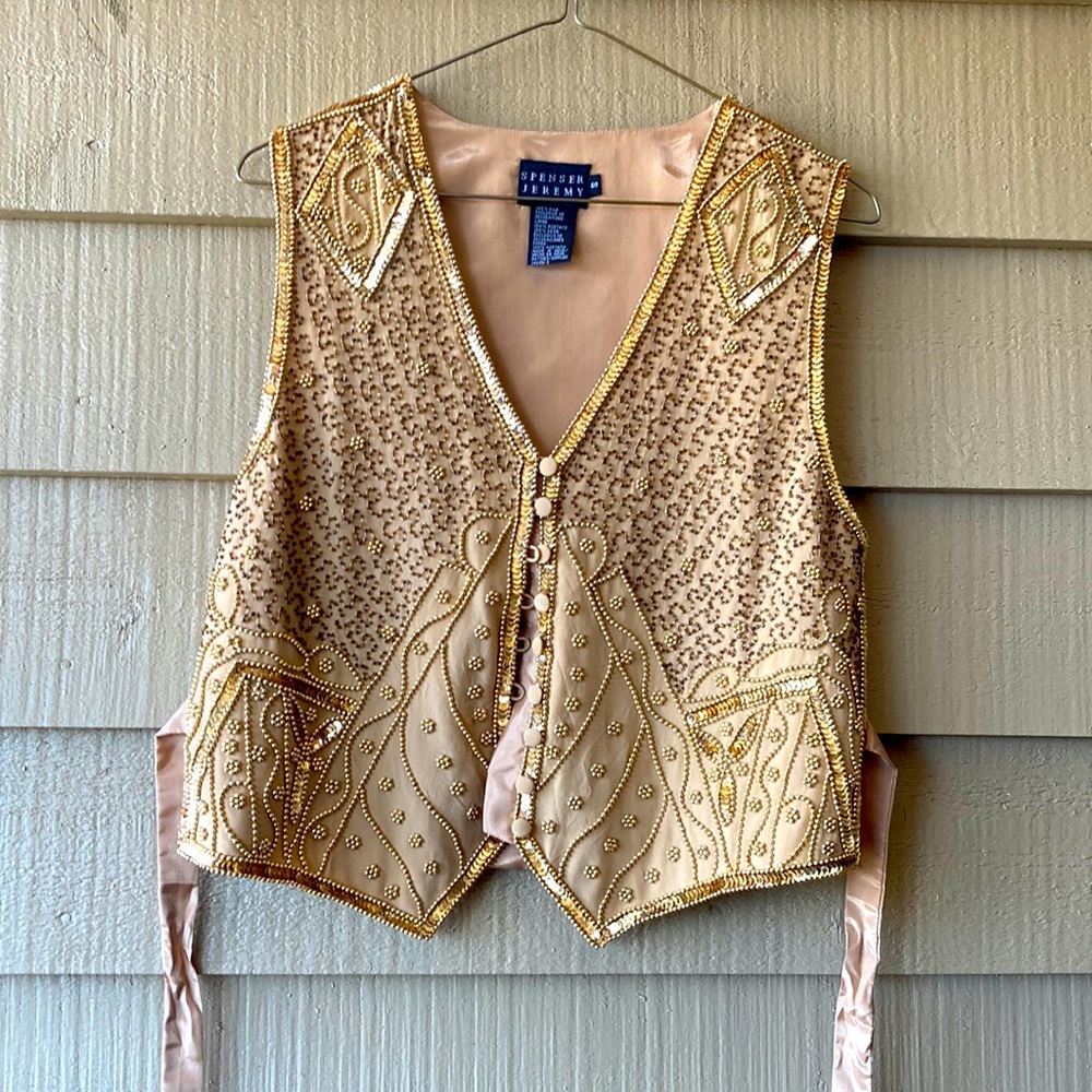 Vintage Spenser James 100% Silk Gold Beaded Vest
